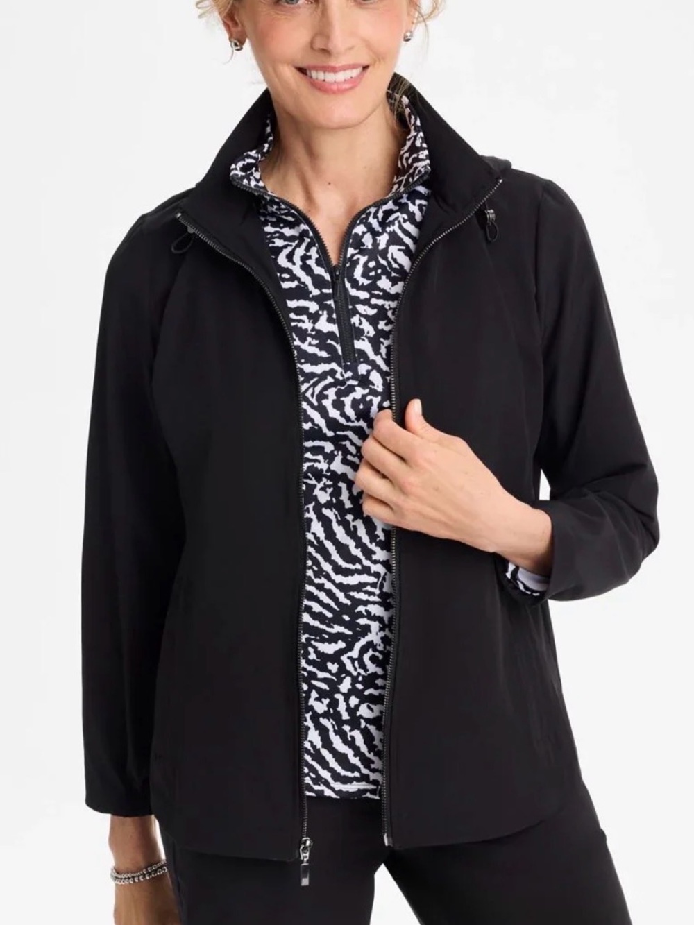 Chico's ZEBERGY UPF neema Black Hooded Raincoat with Zip Front